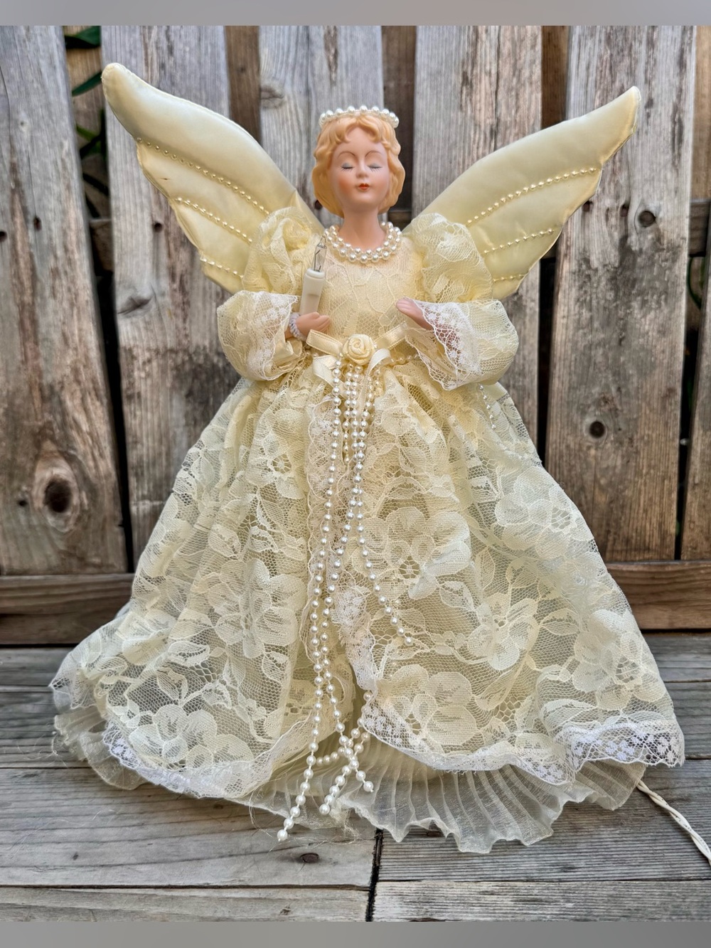Rare Vintage House of Lloyd Lighted Angel Tree Topper Cream Lace & Pearls